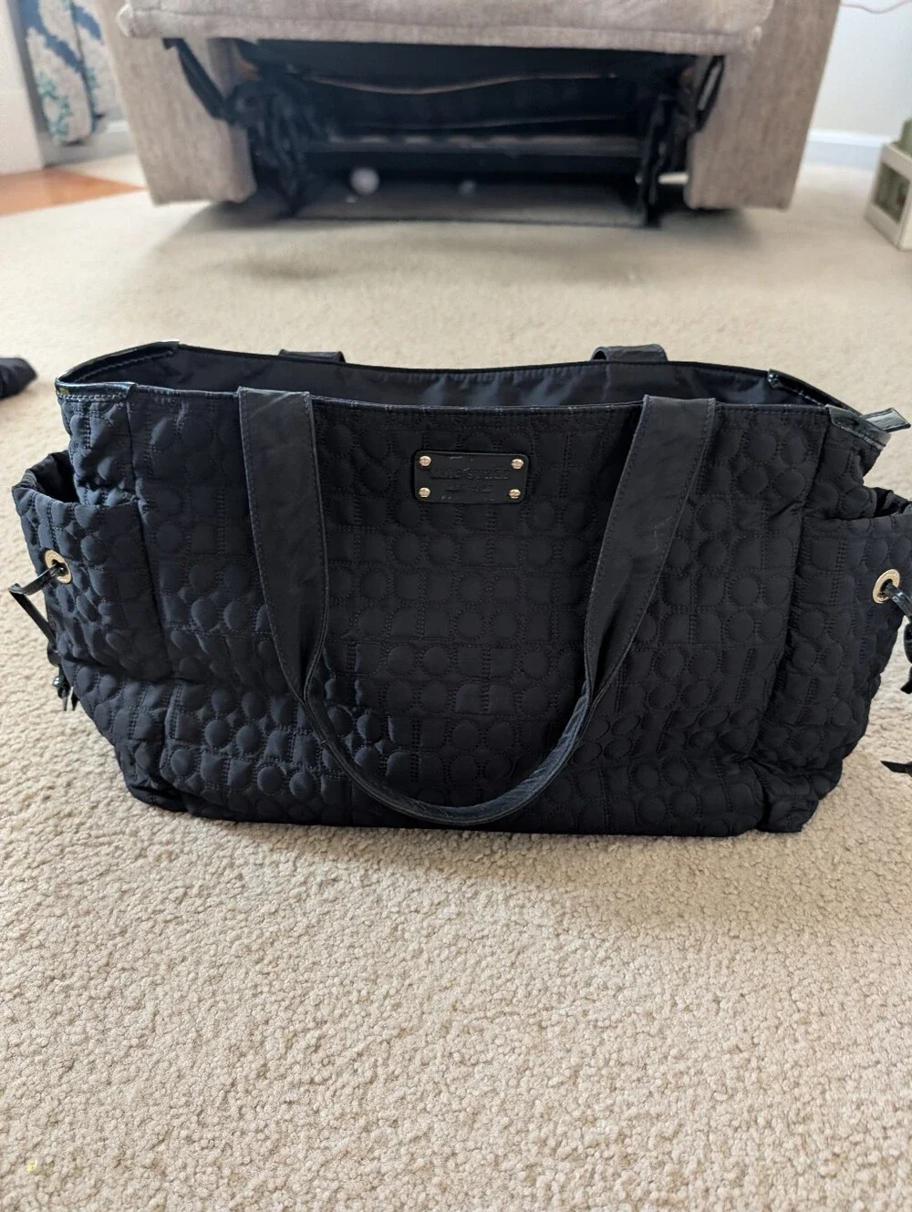 Quilted Kate Spade Black Tote Diaper Work Bag with Exterior And Interior Pockets
